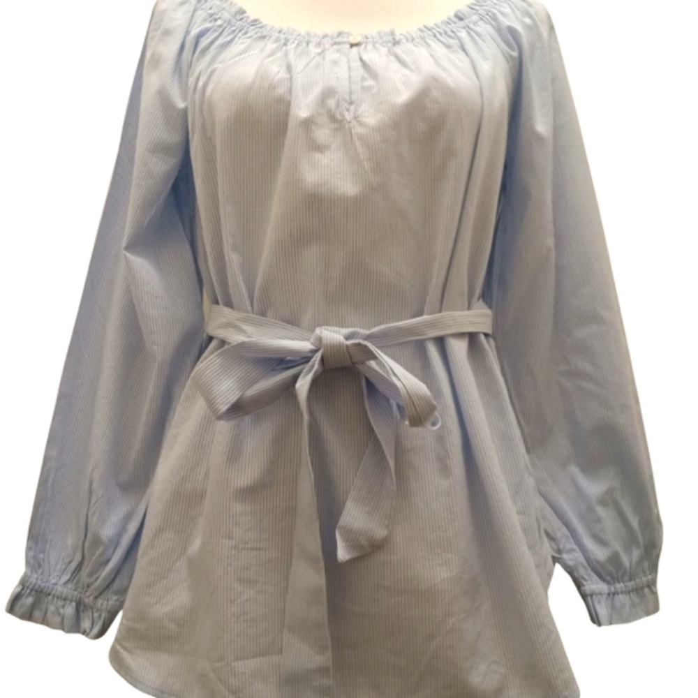 LOFT  womens light blue striped square neck tie waist blouse with long sleeve(S) - Picture 3 of 10